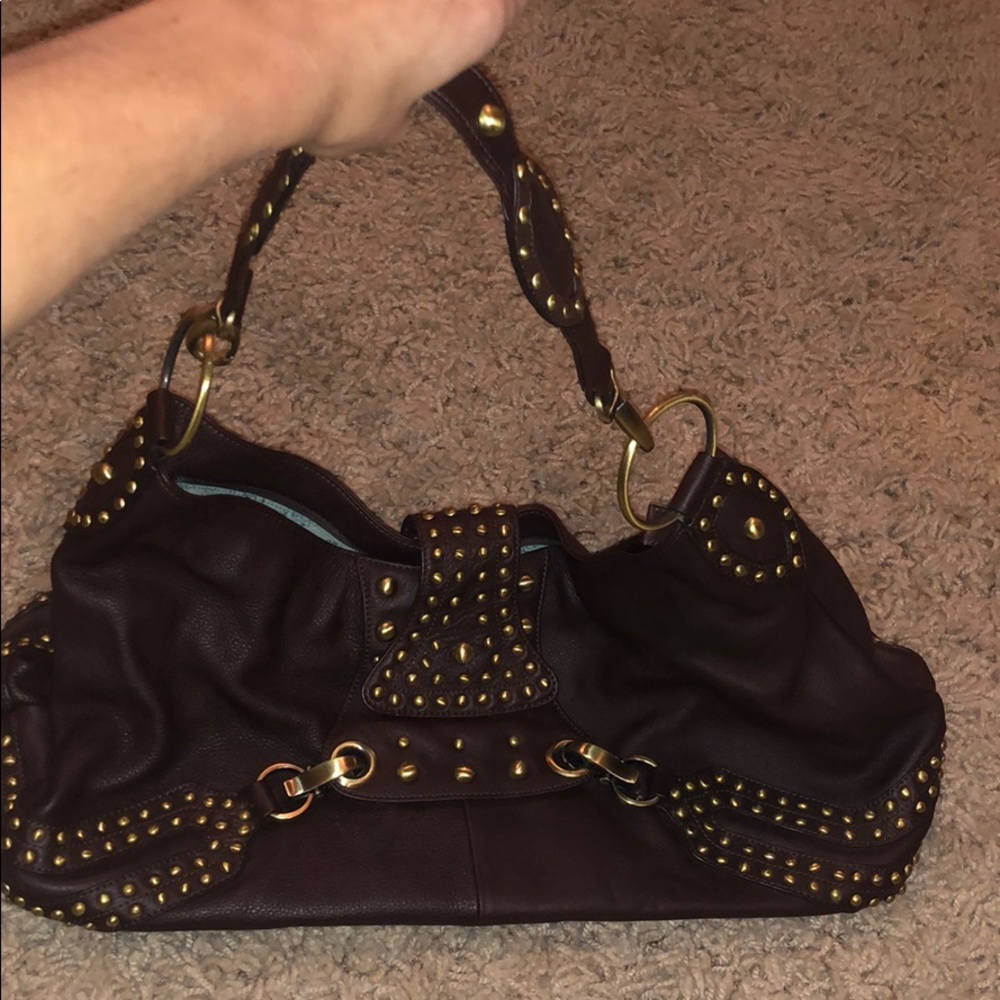 Brown Leather Shoulder Bag with gold hardware